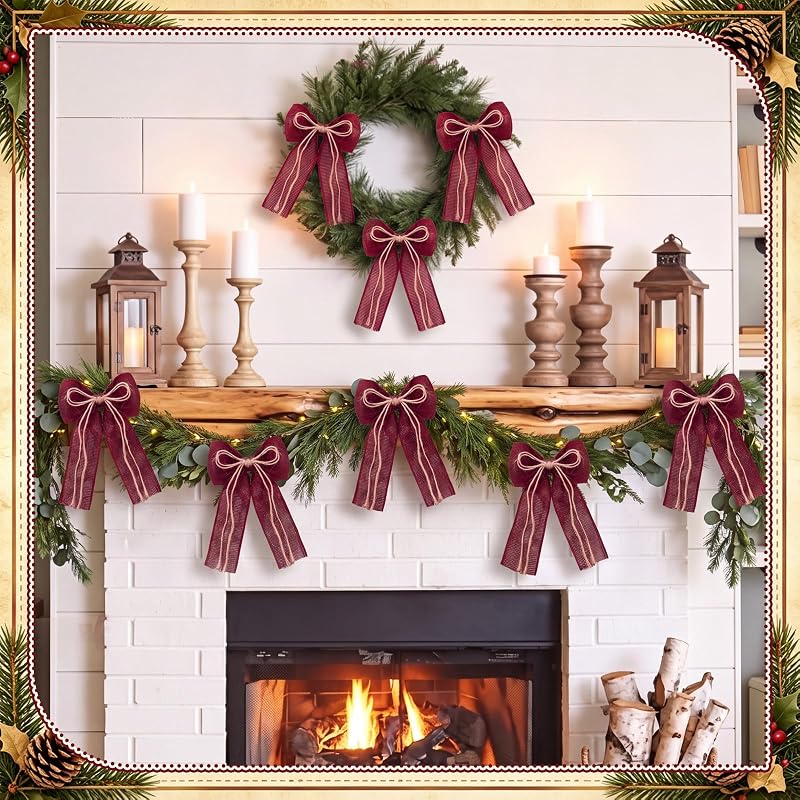 12 Pcs Burgundy Burlap Xmas Bows 5x7 in - Rustic Christmas Tree Decor
