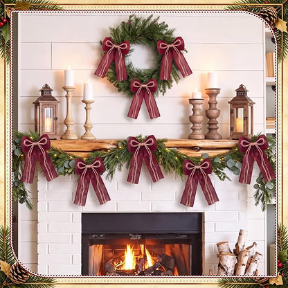 12 Pcs Burgundy Burlap Xmas Bows 5x7 in - Rustic Christmas Tree Decor