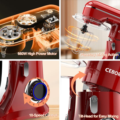 Skiennix 3-IN-1 Electric Stand Mixer - 6.5QT Bowl, 660W, 10-Speed, Includes Dough Hook, Beater & Whisk - Red