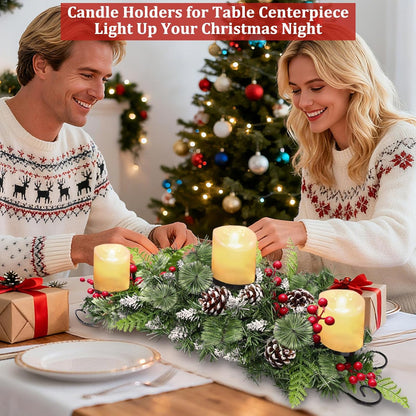 Regine Switzerland 30-Inch Christmas Table Centerpiece - 3 Candle Holders, Red Berry & Pinecone Decor