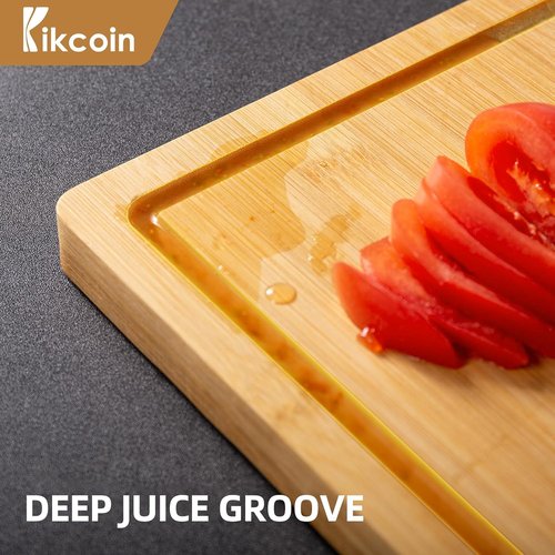 Kikcoin Bamboo Cutting Boards Set - Heavy Duty Kitchen Chopping Boards with Juice Groove & Compartments (3-Piece)
