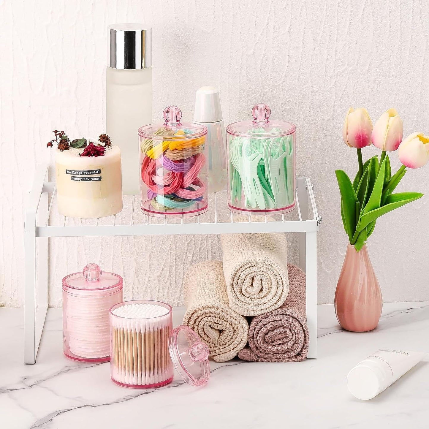 Tbestmax Qtip Holder Set - 4 Pack Pink Plastic Apothecary Jars for Bathroom Organization | 12 oz & 10 oz