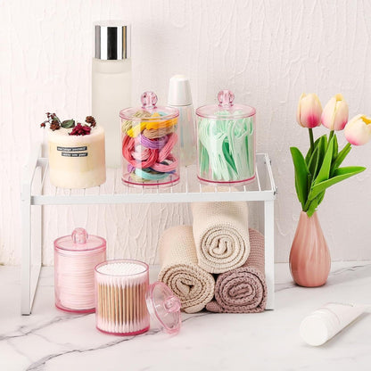 Tbestmax Qtip Holder Set - 4 Pack Pink Plastic Apothecary Jars for Bathroom Organization | 12 oz & 10 oz
