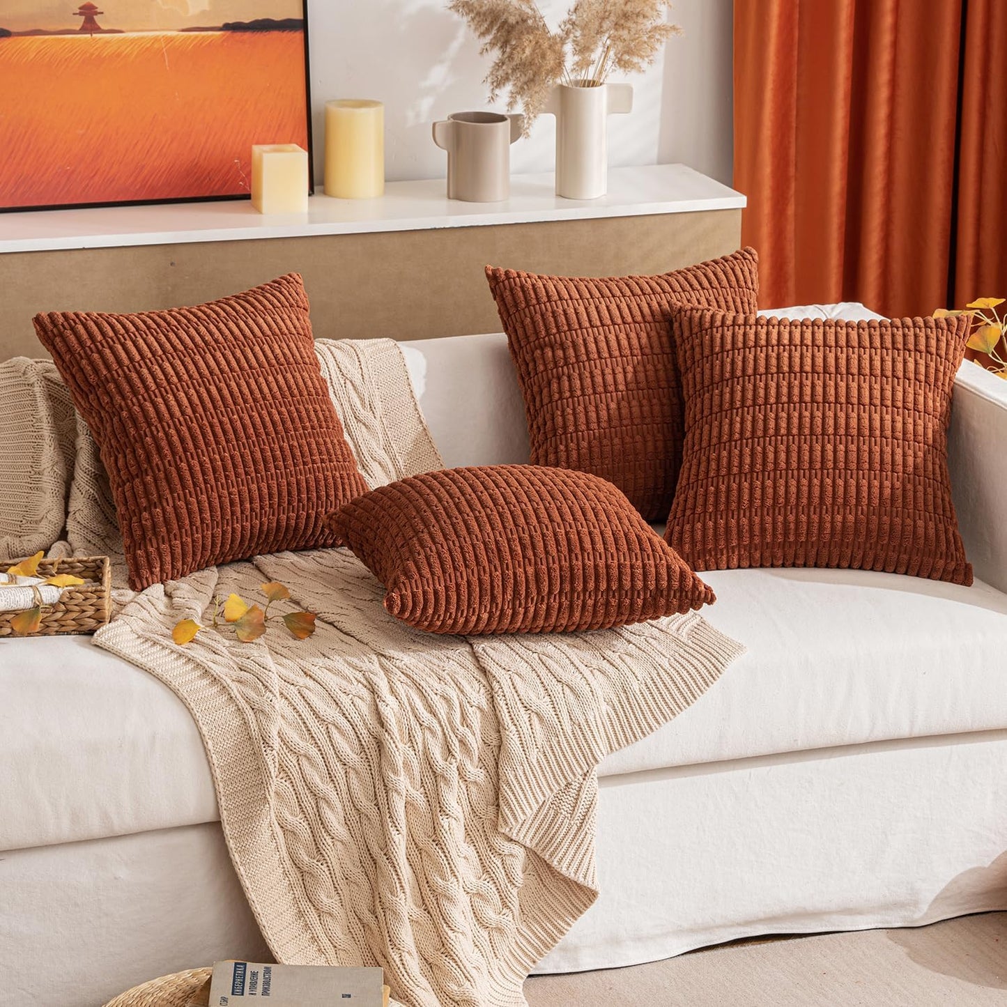 MIULEE Decorative Pillow Covers - Pack of 2 Soft Dark Rust Corduroy | 18x18 Inch Boho Striped Design for Modern Farmhouse Decor