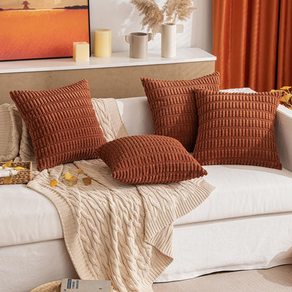 MIULEE Decorative Pillow Covers - Pack of 2 Soft Dark Rust Corduroy | 18x18 Inch Boho Striped Design for Modern Farmhouse Decor