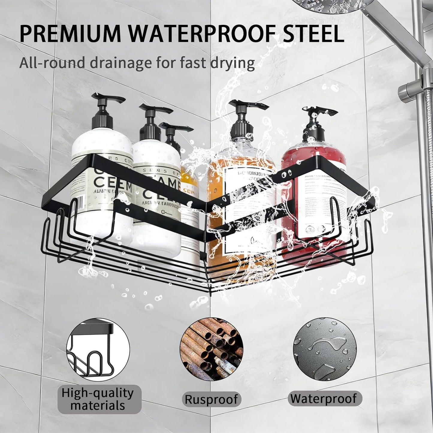 Skiennix Corner Shower Caddy - 3 Pack Rustproof Stainless Steel Organizers | No-Drill Adhesive Shelves, Black