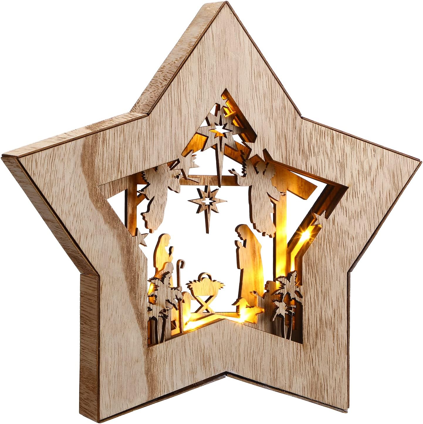 Wooden Nativity Scene Set - Rustic Christmas Tabletop Decor with LED Light for Indoor Display