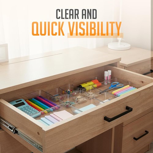 Masirs Clear Drawer Organizers Set - 25 PCS Modular Plastic Storage Bins for Desk, Kitchen & Bathroom