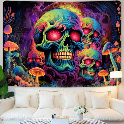 Skull Blacklight Tapestry, UV Reactive Skeleton Tapestry Trippy for Bedroom, Black Light Posters for Adults, Halloween Horror Wall Glow in Dark Tapestry Aesthetic Living Room Dorm Decor 60x40IN