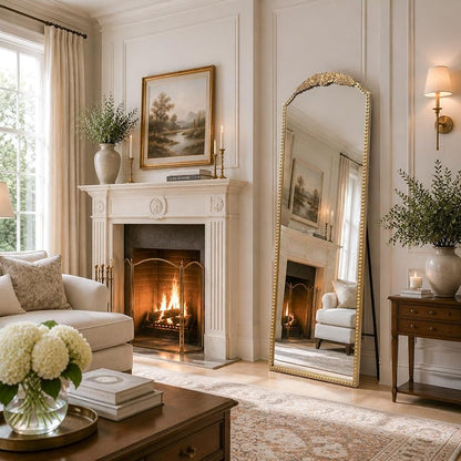 Arched Full-Length Mirror 22x65 in Vintage Gold Beaded Frame - Freestanding or Leaning