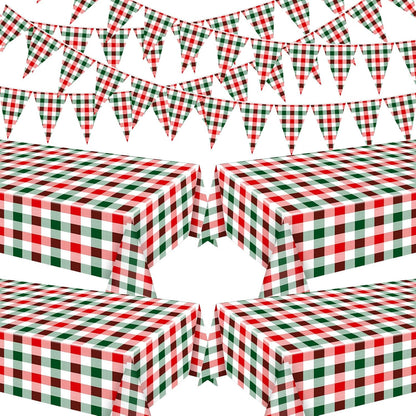 Skiennix 54" x 108" Plastic Tablecloth - Red Green White Plaid Design for Parties & Holidays