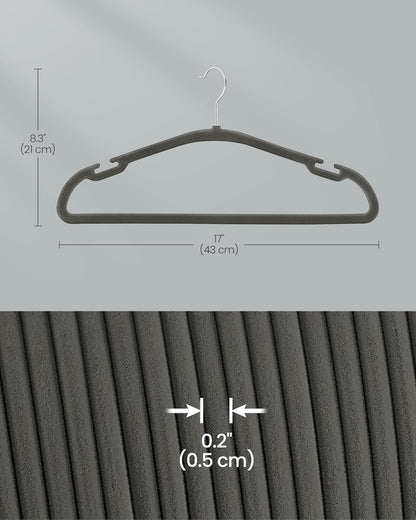 SONGMICS Velvet Hangers - Non-Slip 50 Pack with 360° Swivel Hook & Wide Shoulder Notches - Gray