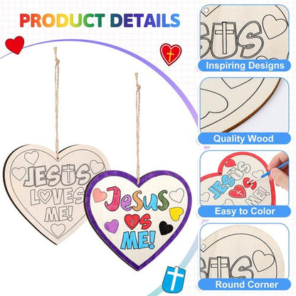 Anglechic 12 Sets Easter Christian Crafts Jesus Loves Me Wood Craft Religious Wooden Heart DIY Activities for Easter Sunday School VBS DIY Gift Activity