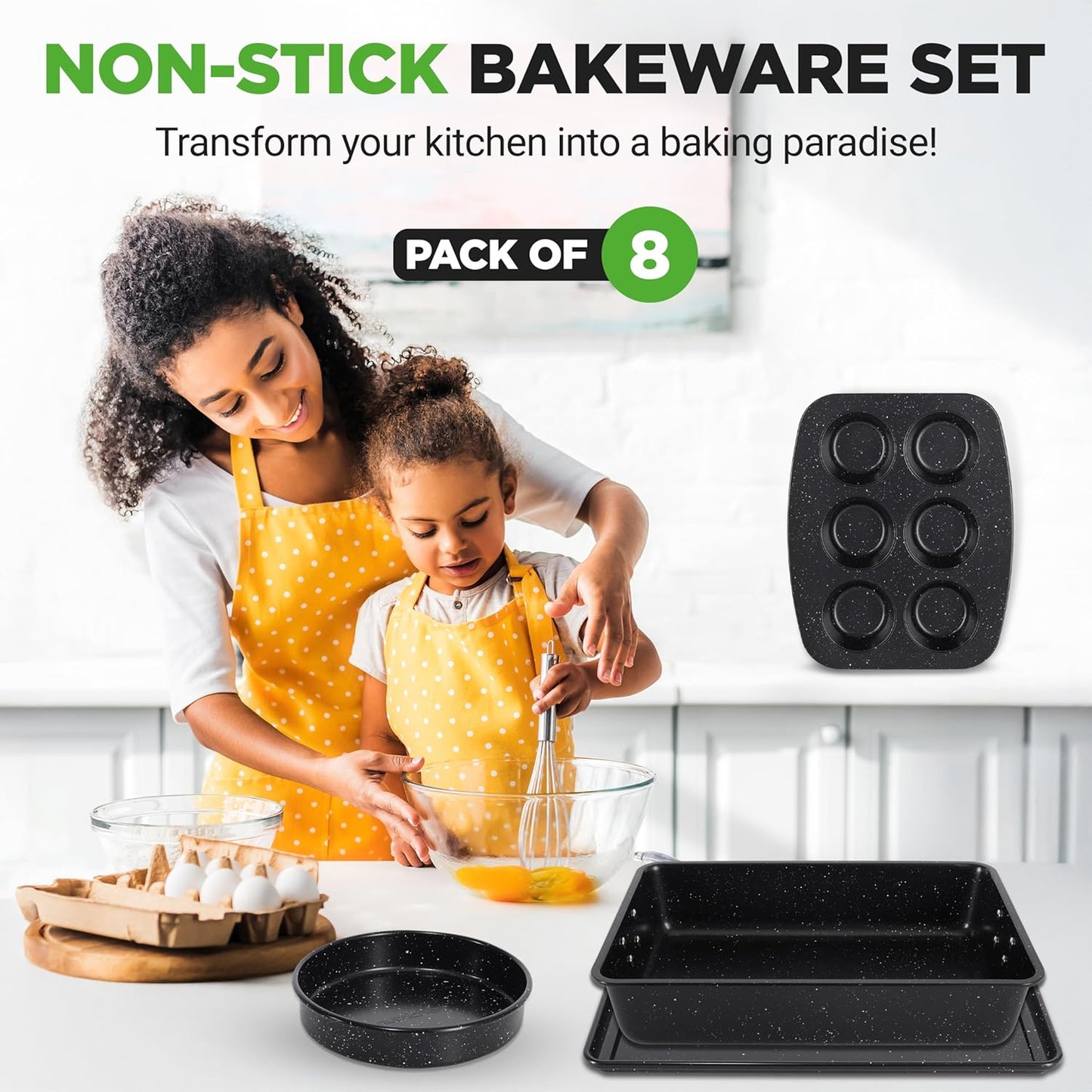 NutriChef 8-Piece Bakeware Set - Non-Stick Carbon Steel Pans for Baking | Muffin, Round, Loaf, Square, Deep, Black Marble