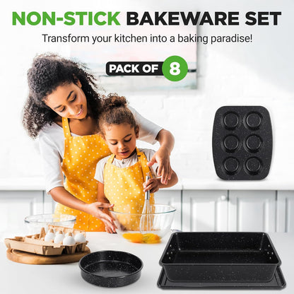 NutriChef 8-Piece Bakeware Set - Non-Stick Carbon Steel Pans for Baking | Muffin, Round, Loaf, Square, Deep, Black Marble