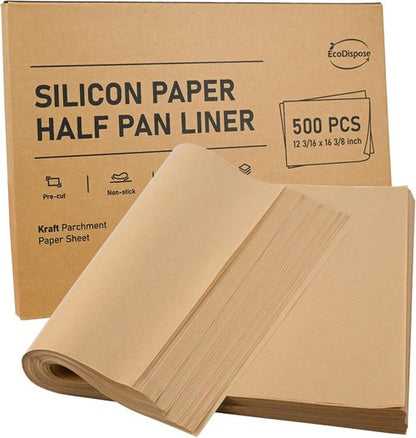 EcoDispose Non-Stick Parchment Paper Baking Sheets - Half Pan Liners, Unbleached, 12-3/16" x 16-3/8", 500 PCS