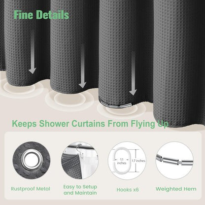 Dynamene Stall Shower Curtain and Liner Set - 36 x 72 inch Half Waffle Fabric, Narrow Waterproof Clear Liner, Heavy Duty Weighted Hotel Luxury Shower Curtains for Bathroom with 6 Hooks, Charcoal Grey