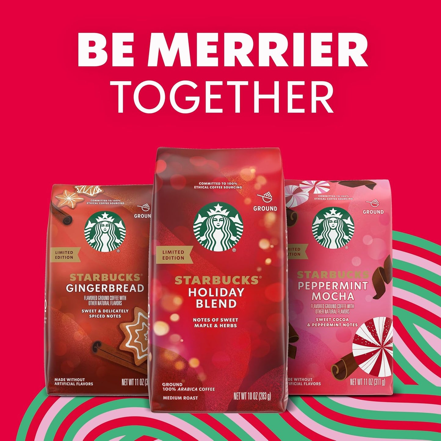 Starbucks Ground Coffee - Peppermint Mocha Flavor | 100% Arabica | Limited Holiday Edition, 6 Bags (11 Oz Each)