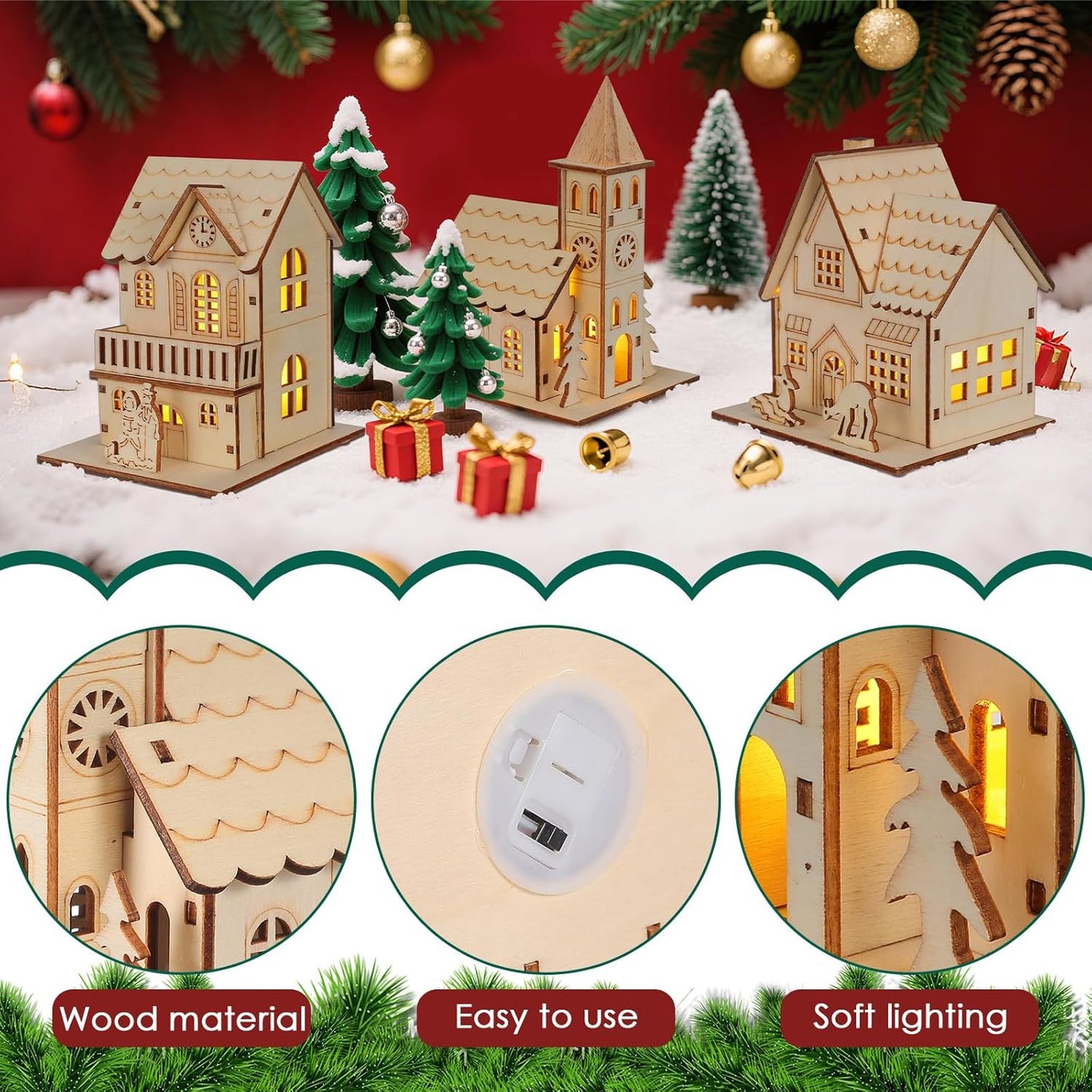 NUOBESTY Christmas Wood Village Ornaments - 3pcs LED Luminous Houses for Festive Decor | Light Brown