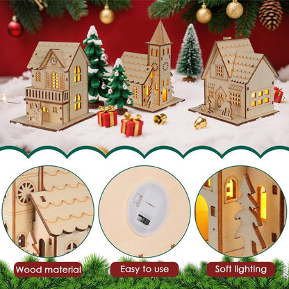 NUOBESTY Christmas Wood Village Ornaments - 3pcs LED Luminous Houses for Festive Decor | Light Brown