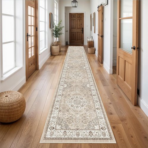 Hallway Washable Runner Rug - Vintage Soft Non-Slip Indoor Carpet | 2'6''x14'' Beige for Kitchen & Entryway