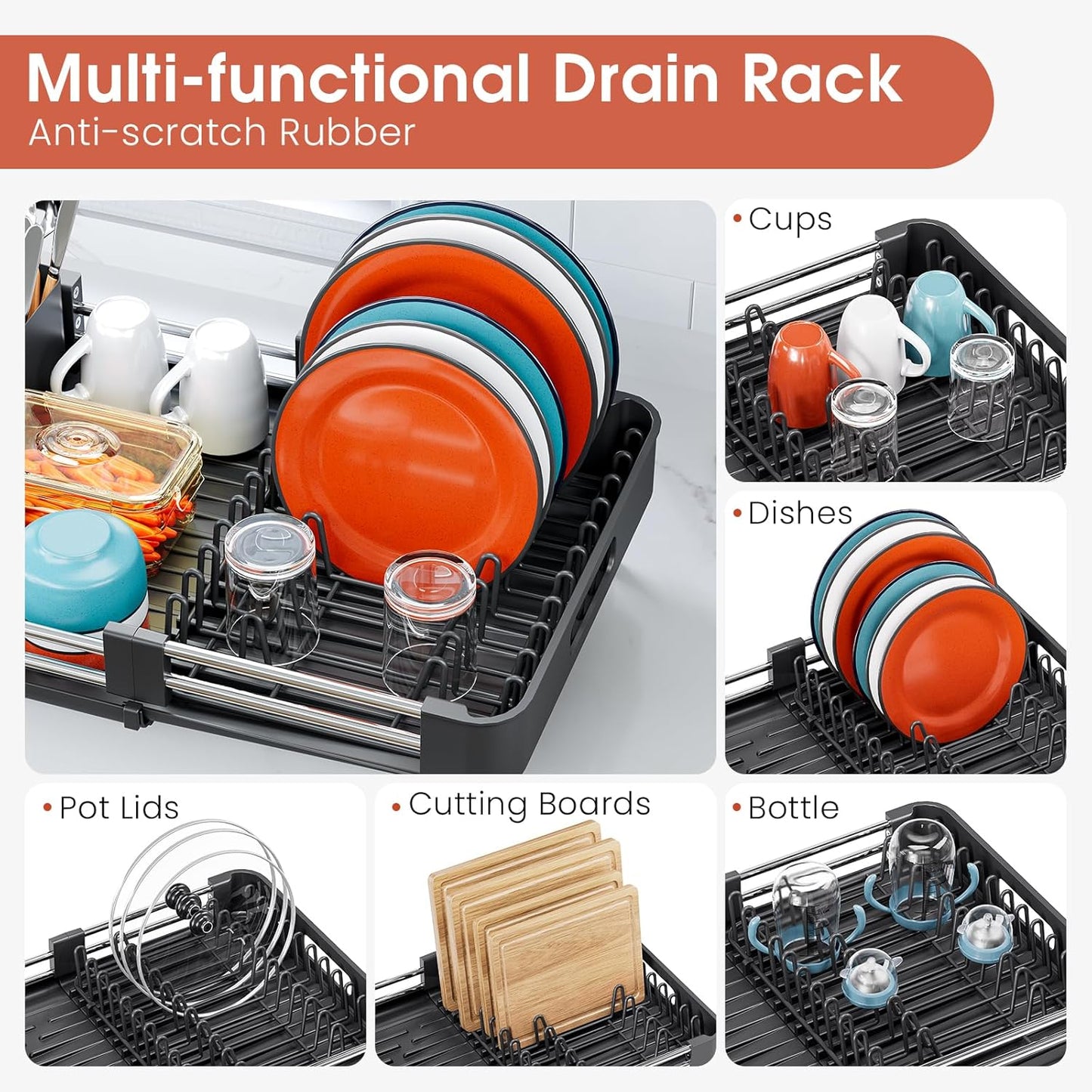 TOOLF Dish Drying Rack - Expandable Kitchen Counter Rack with Drainboard & Cutlery Holder | Black