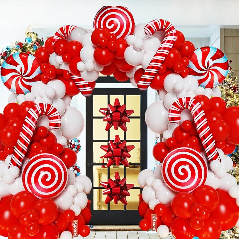 Christmas Balloon Garland Arch Kit with Red and White Candy Cane Balloons