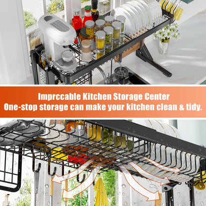 ZDRongZhen Over The Sink Dish Drying Rack,2 tier Full 304 Stainless Steel dish Drainer rack,Adjustable Length (22.8''~35.04'') Kitchen Storage Counter with Cup Hanging Set and Hooks (Black-2Tier)