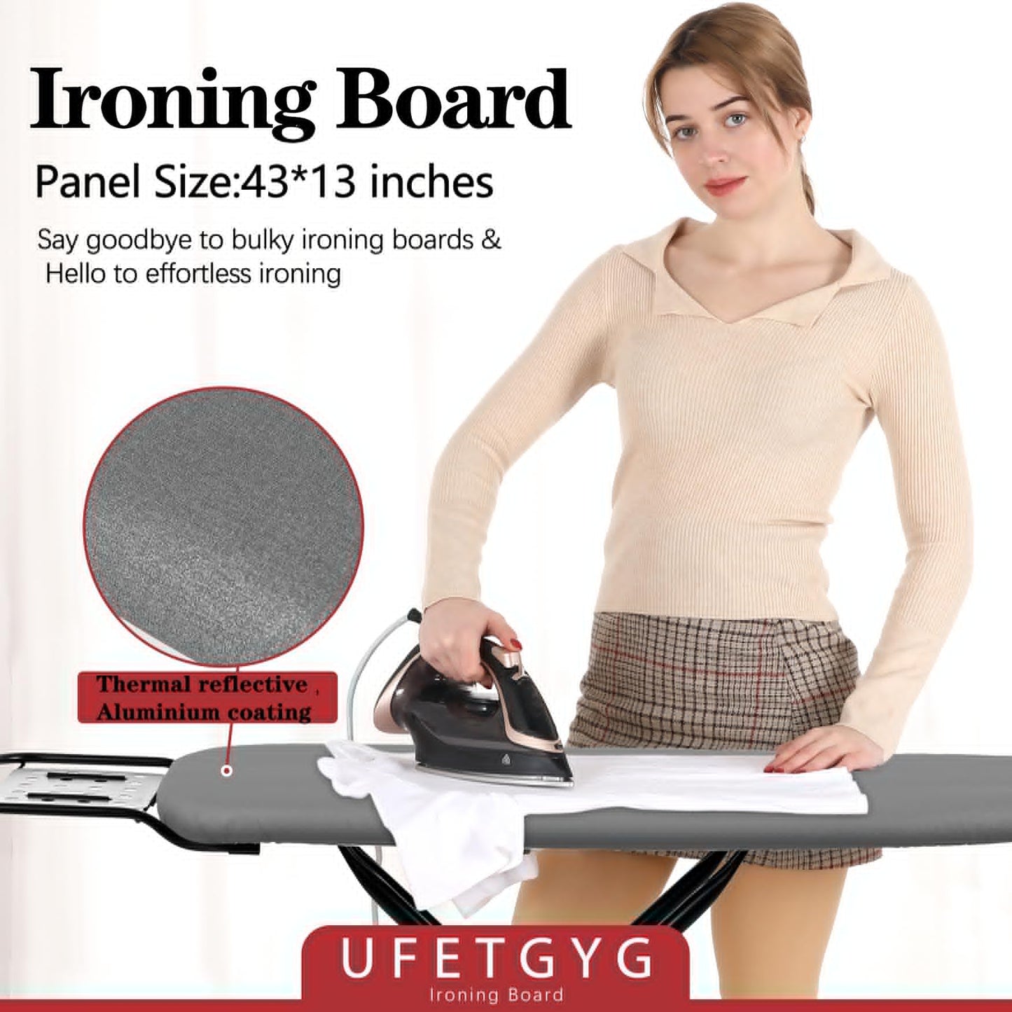 UFETGYG Ironing Board,13" X 43" W/with Iron Rest | Full Metal Construction| Height Adjustable | Heat & Scorch Resistant Fabric | Heavy Duty| Easy to Fold | Anti-Skid Feet |Grey