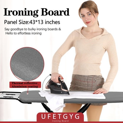 UFETGYG Ironing Board,13" X 43" W/with Iron Rest | Full Metal Construction| Height Adjustable | Heat & Scorch Resistant Fabric | Heavy Duty| Easy to Fold | Anti-Skid Feet |Grey