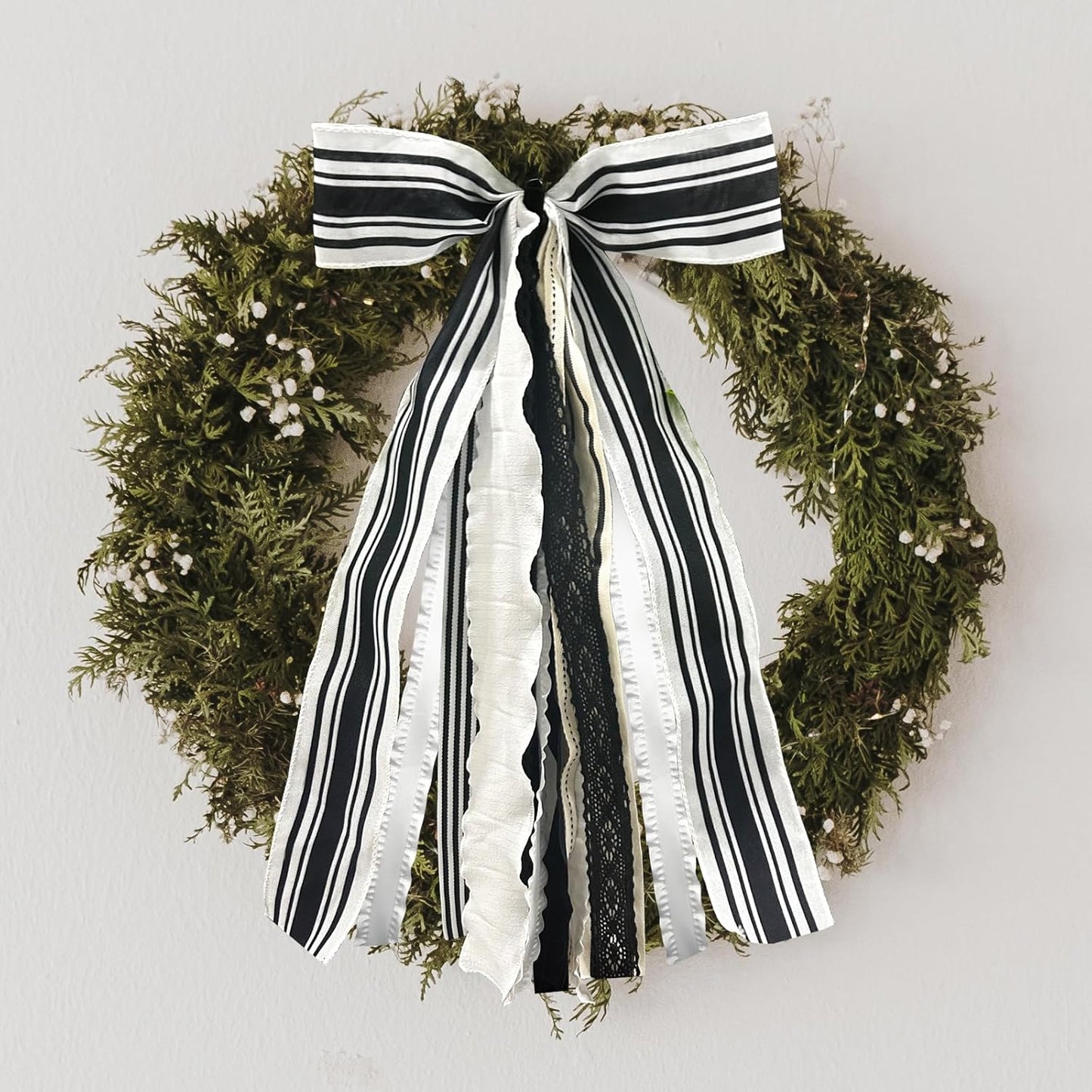 Skiennix Large White & Black Stripe Bow - Burlap Fabric Ribbon Set for Wreath Decor