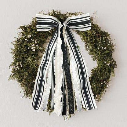 Skiennix Large White & Black Stripe Bow - Burlap Fabric Ribbon Set for Wreath Decor