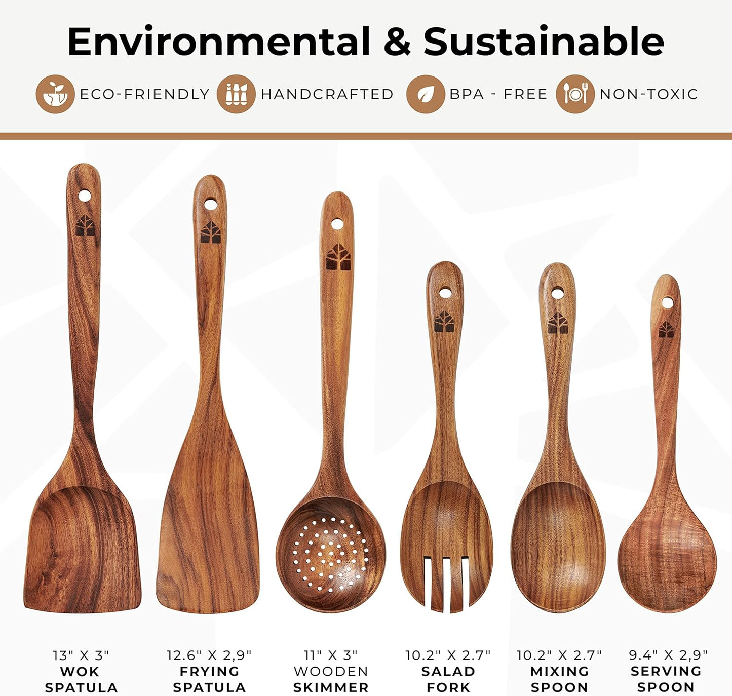 Skiennix Wooden Cooking Spoons Set - 6 Pcs Teak Wood Utensils with Comfortable Grip & Non-Stick Design
