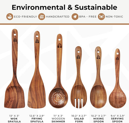 Skiennix Wooden Cooking Spoons Set - 6 Pcs Teak Wood Utensils with Comfortable Grip & Non-Stick Design