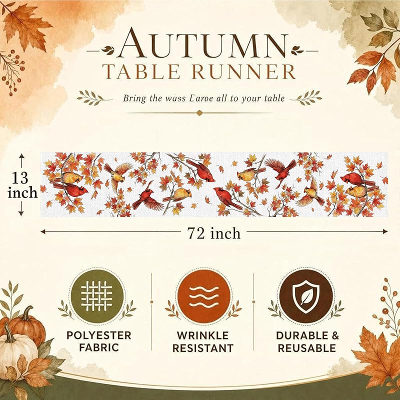 Fall Table Runner 13x72 Inch Cardinals Maple Leaf Burlap Autumn Decor