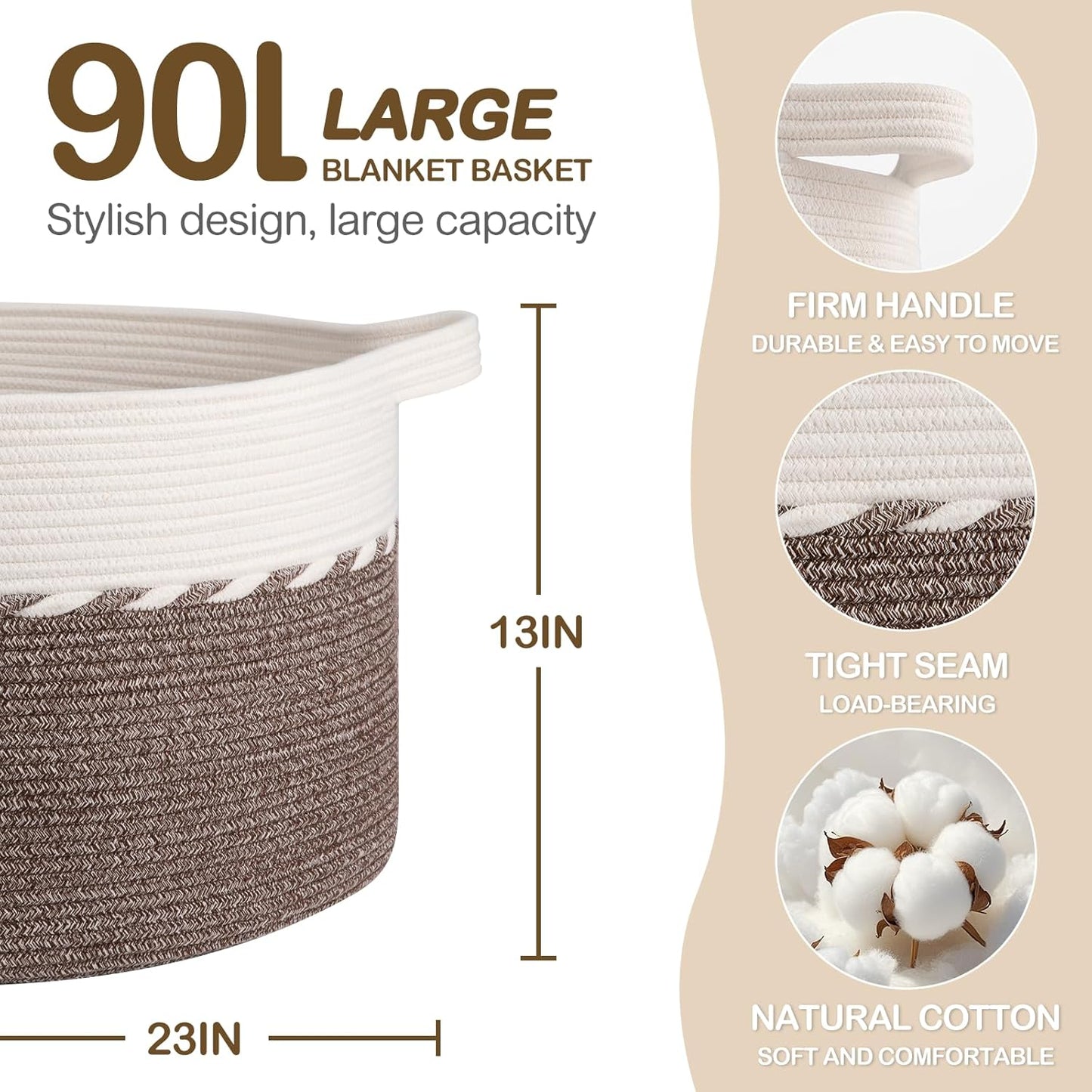 OIAHOMY 90L Blanket Basket - Large 23" x 23" x 13" Storage Solution for Blankets, Toys & Laundry - Brown & White