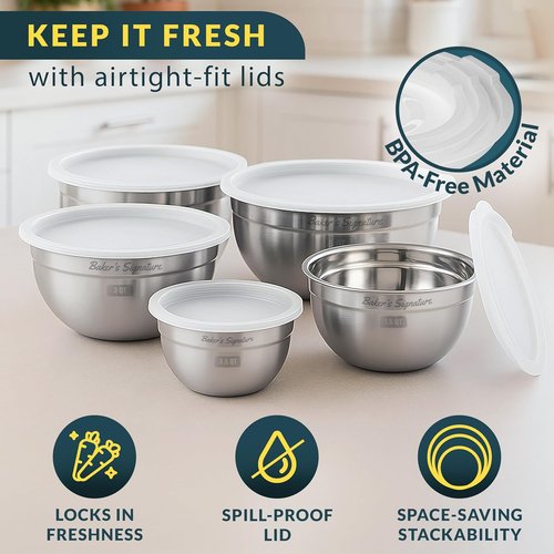Baker's Signature Stainless Steel Mixing Bowls - Set of 5 Nesting Bowls with Lids | Dishwasher Safe, 0.5-5 Qt