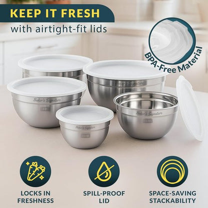 Baker's Signature Stainless Steel Mixing Bowls - Set of 5 Nesting Bowls with Lids | Dishwasher Safe, 0.5-5 Qt