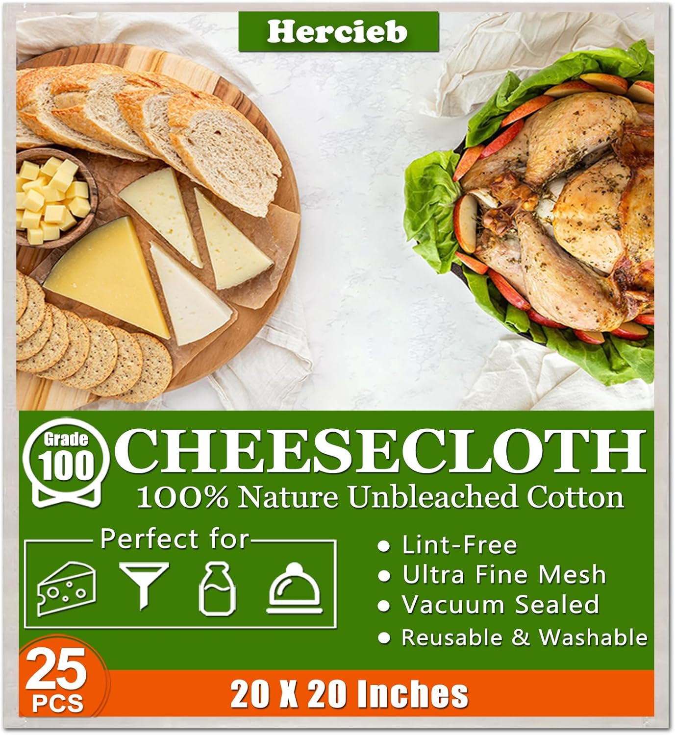 Skiennix Cheese Cloths - 25 Pcs 20x20 Inch Unbleached Cotton Straining Fabric | Reusable Muslin for Juicing & Cooking
