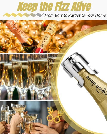 4Pack Champagne Stoppers with Stainless Steel, Champagne Saver with Food Grade Silicone Leak Proof, Suitable for Champagne, Cava, Prosecco, Sparkling Wine