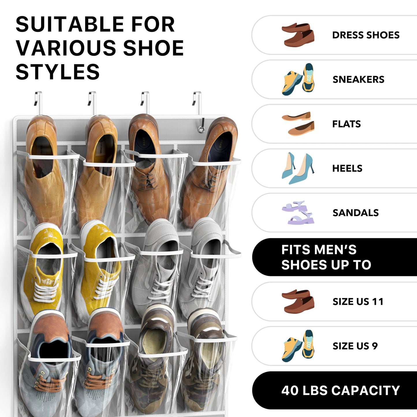 Simple Houseware 24 Pockets Large Clear Pockets Over The Door Hanging Shoe Organizer, Gray (56" x 22.5")