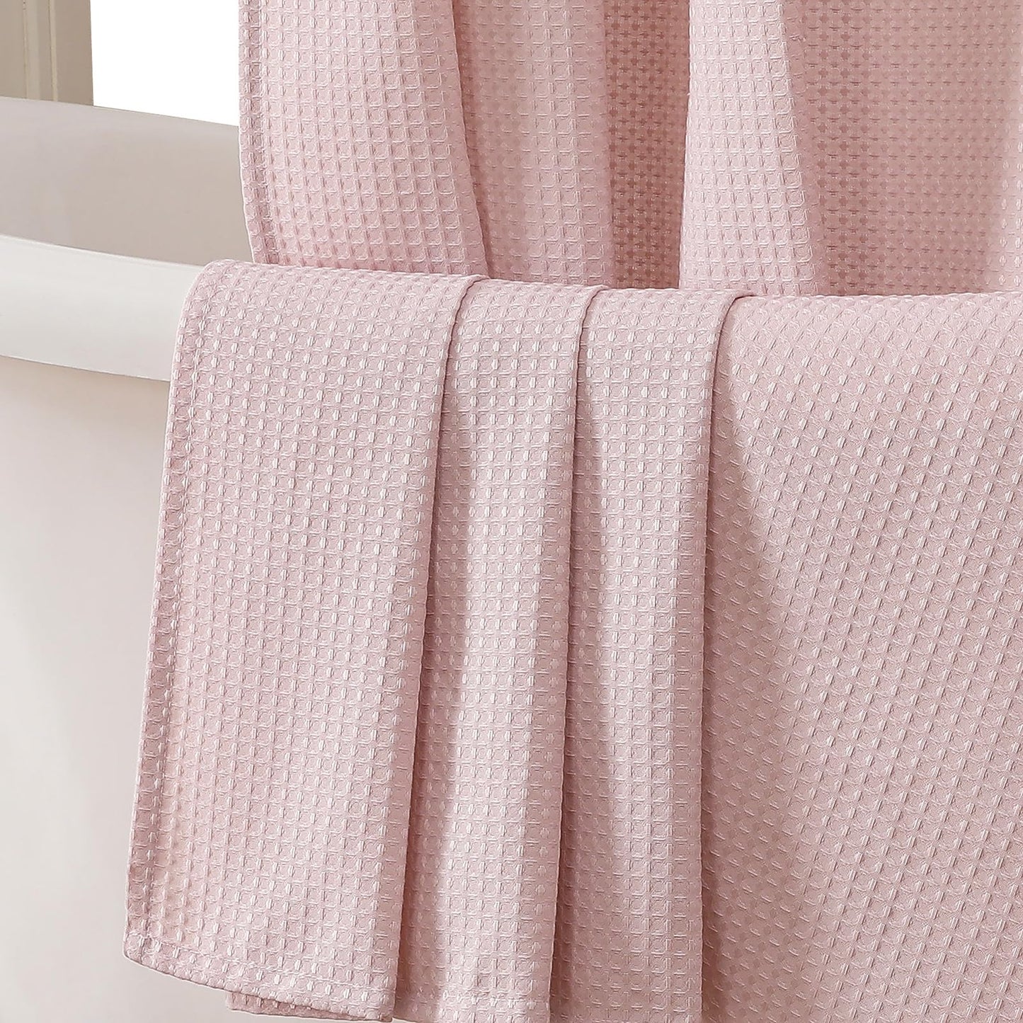 OVZME Extra Long Shower Curtain Set - 84 Inch Long Waffle Weave Heavy Duty Cloth Shower Curtain for Bathroom, Luxury Weighted 230GSM Bath Curtain Set with 12 Plastic Hooks, 72x84, Blush Pink