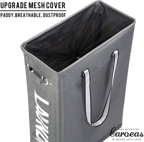 Caroeas 24" Slim Laundry Basket - Waterproof Collapsible Hamper with Breathable Mesh Cover & Soft Handle (Grey)