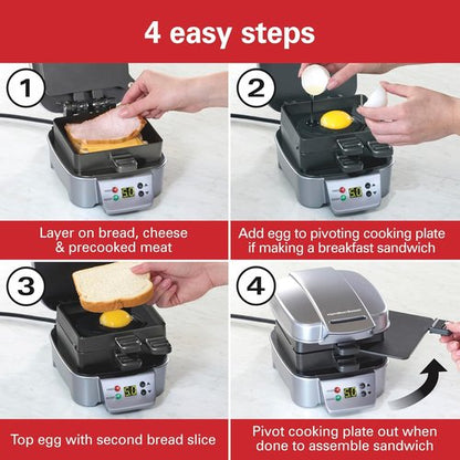 Hamilton Beach Sandwich Stacker - Customizable Hot Sandwich Maker with Built-In Timer | Non-Stick, Compact Design, Silver