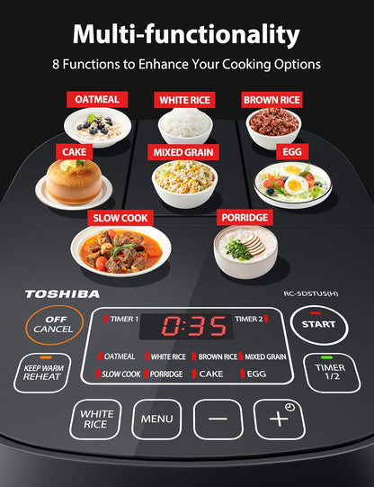 TOSHIBA 3-Cup Rice Cooker - LCD Display with 8 Cooking Functions & Non-Stick Pot | Grey