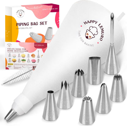 Skiennix Premium Reusable Piping Bags Set - 16" Cotton Pastry Bag with 8 Large Icing Tips - Dishwasher Safe