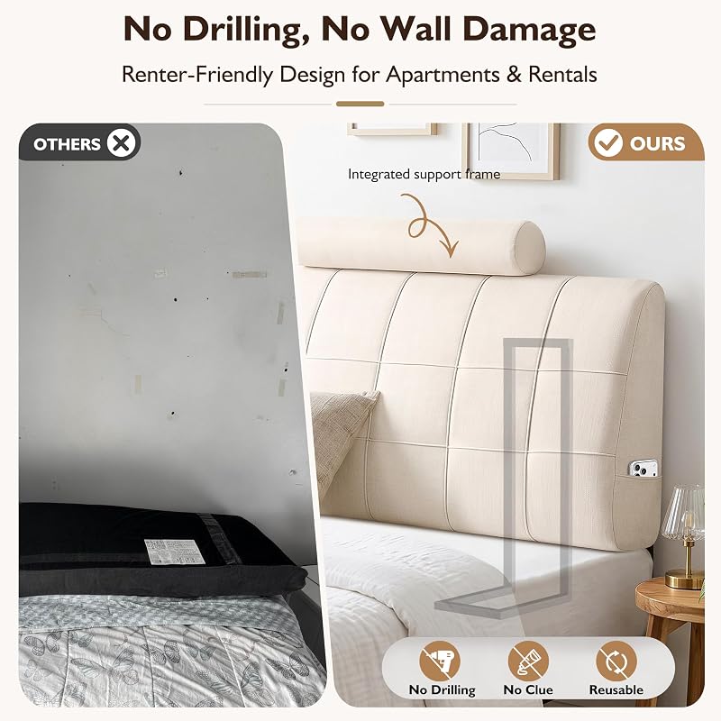 Twin Headboard with Headrest - Memory Foam Upholstered Beig e Twin