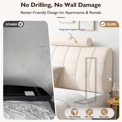 Twin Headboard with Headrest - Memory Foam Upholstered Beig e Twin