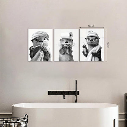 Skiennix Cute Bathroom Otter Canvas Wall Art - Set of 3 Black and White Prints | Funny Farmhouse Decor 12x16 Inch