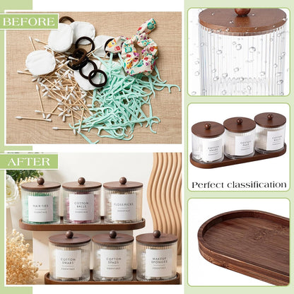 Vesici Bathroom Canisters Set - 6 Ribbed Apothecary Jars with Bamboo Lids & Trays | 18 oz Brown Storage Solution